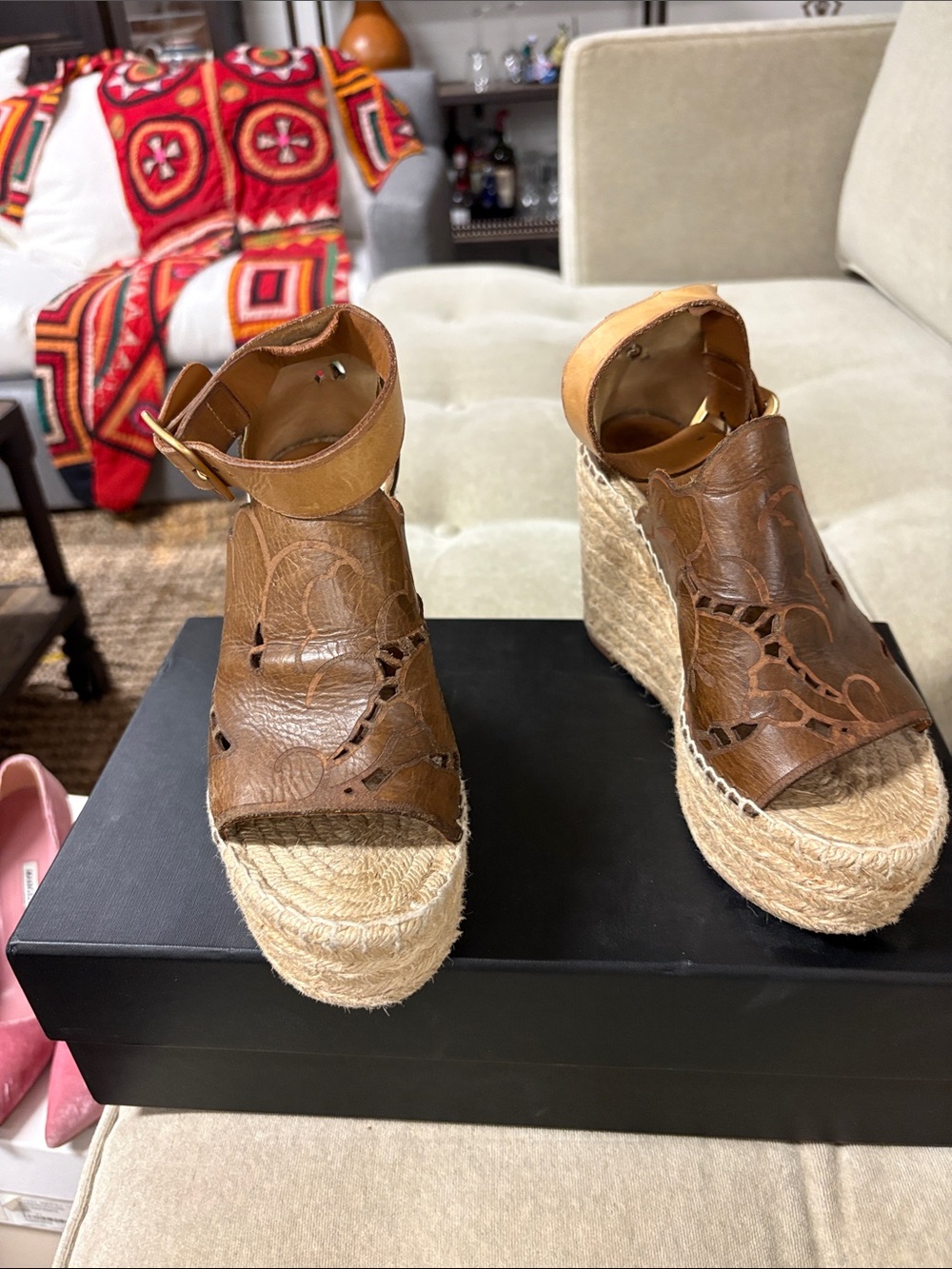 Chloe Brown Leather Espadrille Wedge Sandals with Ankle Strap